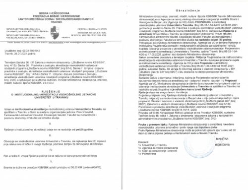 Reakreditacijom potvrđen kvalitet rada Fakulteta za tehničke studije i ostalih organizacionih jedinica Univerziteta u Travniku